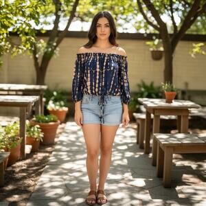 Le Salty Label Smocked Off Shoulder Tie Dye Crop Top S